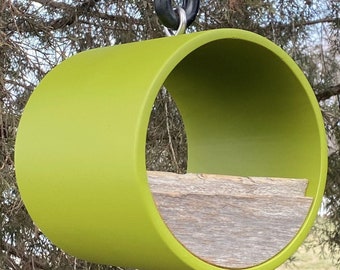 Avocado Green Bird Feeder: Reclaimed Barnwood, Fly-through MCM Design