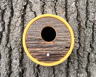 Modern Birdhouse ~ Yellow Tube w/ Reclaimed Vintage Barnwood ~ Wall Mount ~ MCM Minimalist