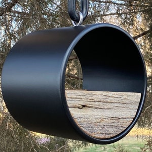 Modern Bird Feeder | Black Tube Birdfeeder w/ Reclaimed 100 yr old Barnwood | MCM Minimalist | Unique Handmade | Fly Through Design