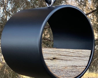 Modern Bird Feeder: Black Tube with Reclaimed Barnwood, Fly-Through Design