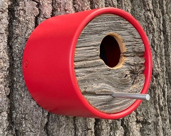 Red Birdhouse: Handmade Reclaimed Barnwood, Wall-mount, Modern Outdoor Decor