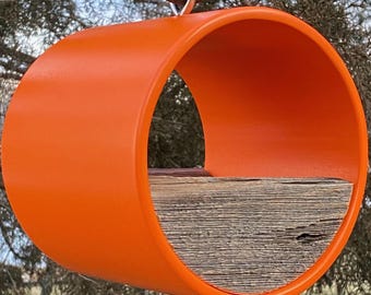 Modern Bird Feeder | Orange Fly-Through Tube | 100-Year-Old Reclaimed Barnwood | Handmade Minimalist MCM Decor