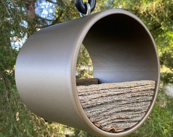 Modern Bird Feeder ~ Large Tube Birdfeeder painted Metallic Bronze w/ Reclaimed Vintage Barnwood ~ MCM Minimalist ~ Unique Handmade, Hanging