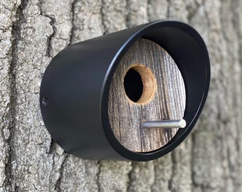 Modern Birdhouse - Black Angled Tube, 100 yr. Reclaimed Barnwood, Wall Mount