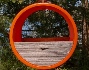 Modern Bird Feeder ~ Large Orange Round Birdfeeder w/ Vintage Barnwood ~ MCM Minimalist ~ Hanging