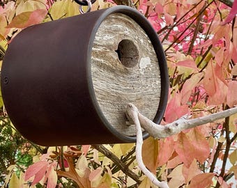 Modern Birdhouse, Reclaimed Barnwood, Driftwood Perch, Aged Bronze Finish, MCM Decor