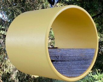 Modern Bird Feeder ~ Large Tube Birdfeeder in Yellow w/ Reclaimed Vintage Barnwood ~ MCM ~ Minimalist ~ Unique, Handmade, Hanging