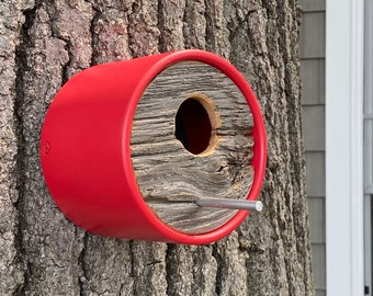 Birdhouse ~ Modern Birdhouse ~ Red Round Tube w/ Reclaimed Vintage Barnwood ~ Wall Mount ~ MCM Minimalist ~ Unique, Handmade, Outdoor