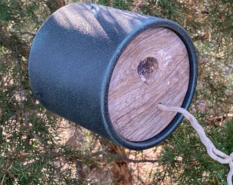 Handmade Modern Birdhouse: Reclaimed Barnwood, Natural Knothole Opening, Driftwood Perch, Verde Green Patina