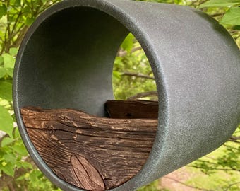 Reclaimed Barnwood Modern Bird Feeder, Verde Green Patina finish, MCM Style Hanging Seed Holder