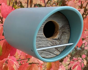 Modern Birdhouse in Coastal Sage with Reclaimed 100 year Barnwood, MCM design, Hanging