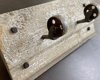 Reclaimed Barnwood Rack with 2 Antique Caster Wheel Hooks: Rustic Farmhouse Decor