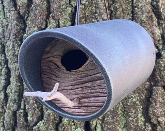 Artisan Modern Birdhouse w/ Natural Knothole 100 Yr. Barnwood, Driftwood Perch ~ Verde Green Patina Premium Angle Tube, MCM Handmade Hanging