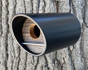 Modern Birdhouse | Black Angle Tube with Reclaimed 100-Year-Old Barnwood | Handmade MCM Minimalist Design