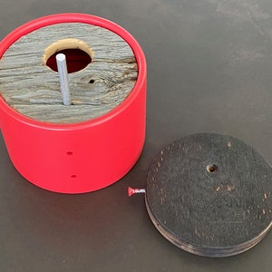 Birdhouse Modern Birdhouse Red Round Tube w/ Reclaimed Vintage Barnwood Wall Mount MCM Minimalist Unique, Handmade, Outdoor image 8