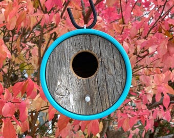 Modern Teal Birdhouse – Hanging Circular Design, Reclaimed Vintage Barnwood, Handmade MCM Minimalist Bird House