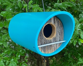 Birdhouse ~ Modern Birdhouse ~ Teal Angle Tube with Reclaimed Vintage Barnwood ~ MCM ~ Minimalist ~ Unique, Handmade, Hanging, Round