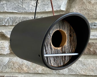 Birdhouse ~ Modern Birdhouse ~ Black Angle Tube with Reclaimed Vintage Barnwood ~ MCM ~ Minimalist ~ Unique, Handmade, Hanging