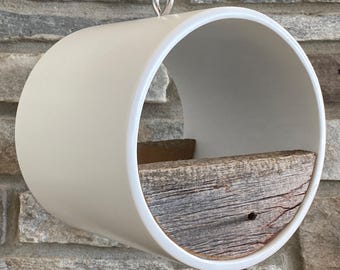 Modern Bird Feeder | White Fly-Through Tube | 100-Year-Old Reclaimed Barnwood | Handmade Minimalist MCM Decor
