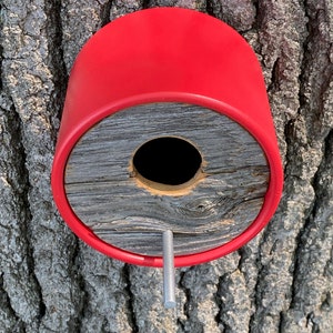 Birdhouse Modern Birdhouse Red Round Tube w/ Reclaimed Vintage Barnwood Wall Mount MCM Minimalist Unique, Handmade, Outdoor image 4