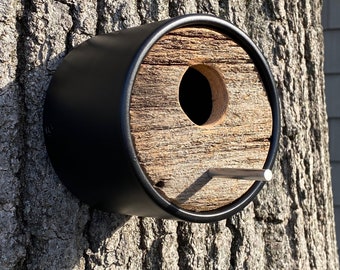 Birdhouse ~ Modern Birdhouse ~ Black Circular Tube w/ Reclaimed Vintage Barnwood ~ Wall Mount ~ MCM Minimalist ~ Unique, Handmade