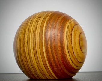 Pino PEDANO per G Italy 3.35 in. Round Plywood Paperweight Sculpture, Millefogli Orb, Turned Wood Sphere, 1980s