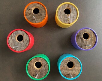 Rainbow Birdhouse Set of 6 - Reclaimed 100 yr. old Barnwood, Modern Garden Art, MCM
