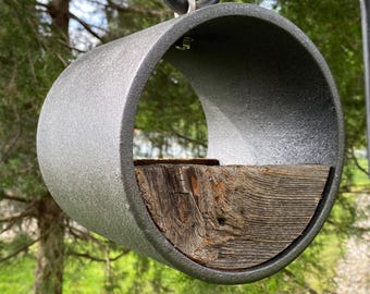 Artisan Hanging Bird Feeder: Textured Metallic Graphite Grey, Reclaimed Barnwood, Modern Design, Fly-Through