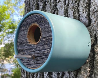 Modern Coastal Sage Birdhouse ~ Wall-Mount w/ Reclaimed 100 yr. Barnwood ~ Handmade MCM Minimalist Design