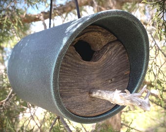 Handmade Modern Birdhouse: Reclaimed Barnwood, Driftwood Perch, Verde Green
