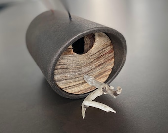 Modern Birdhouse, Natural Knot Hole, Driftwood Perch, Hand Rubbed Aged Bronze Finish, Reclaimed Barnwood, MCM Decor