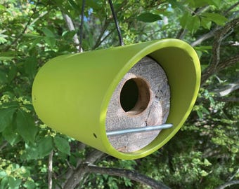 Modern Birdhouse, Reclaimed Barnwood, Mid Century Outdoor Decor, Colorful Hanging Birdhouse, Avocado Green