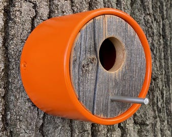 Modern Orange Birdhouse – Reclaimed 100-Year-Old Barnwood, Handmade MCM Wall-Mount Design