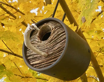Artisan Barnwood Birdhouse: Modern Design with Driftwood Perch, Natural Knothole Opening Barnwood, Aged Bronze