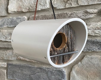 Birdhouse ~ Modern Birdhouse ~ White Angle Round Tube with Reclaimed Vintage Barnwood ~ MCM ~ Minimalist ~ Unique, Handmade, Hanging