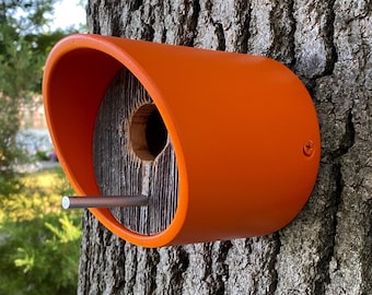 Orange Modern Birdhouse | Wall Mount | Angled Tube with Reclaimed Vintage Barnwood | MCM Minimalist, Handmade