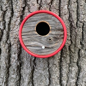 Birdhouse Modern Birdhouse Red Round Tube w/ Reclaimed Vintage Barnwood Wall Mount MCM Minimalist Unique, Handmade, Outdoor image 2