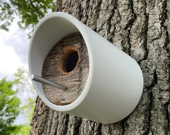 Modern Birdhouse, White Angled Tube with Reclaimed Barnwood, Wall Mount