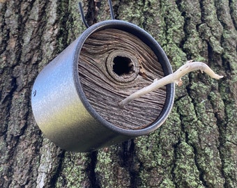 Handmade Barnwood Birdhouse: Modern Metallic Graphite Finish, Natural Knothole, Driftwood Perch