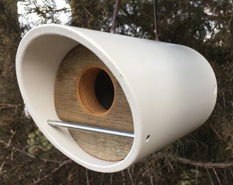 Geometric White Birdhouse: Reclaimed 100-year old Barnwood, Modern Hanging Design. MCM
