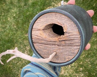 Handmade Barnwood Birdhouse: Driftwood Perch, Verde Green Patina