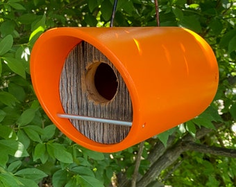 Modern Orange Birdhouse – Minimalist Bird House with 100-Year-Old Reclaimed Barnwood, Handmade MCM Outdoor Decor