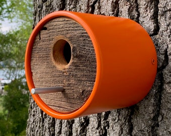 Modern Birdhouse ~ Orange Round Tube w/ Reclaimed 100 yr. Barnwood ~ Wall Mount ~ MCM Minimalist ~ Unique, Handmade