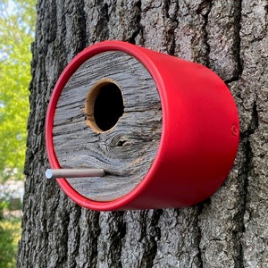 Cabane à oiseaux Cabane à oiseaux moderne Tube rond rouge avec bois de grange vintage récupéré Support mural MCM minimaliste Unique, fait main, extérieur image 3