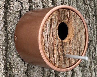 Birdhouse ~ Modern Birdhouse ~ Metallic Copper Painted Circular Tube w/ Vintage Barnwood ~ Wall Mount ~ MCM Minimalist ~ Unique, Handmade