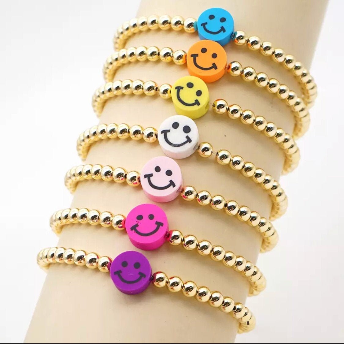 Smiley Face Gold Beaded Bracelet Etsy