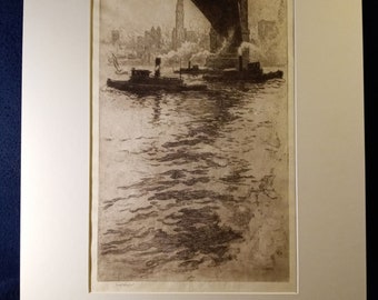 Sears Gallagher (American 1869-1955). "Under The Brooklyn Bridge", Etching/Aquatint, 1915, Pencil Signed. (FREE SHIPPING)