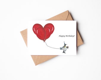 Happy Birthday Penguin Card, happy birthday card, balloon birthday card, cute birthday card, illustrated birthday card, birthday card