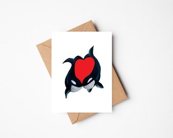 Orca Valentines Card with heart, orca love card