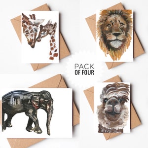 Pacote de cartões de animais, pacote de quatro cartões, cartões para todas as ocasiões, conjunto de cartões A6, conjunto de cartões de felicitações, pacote de cartões de felicitações de animais, cartões reciclados